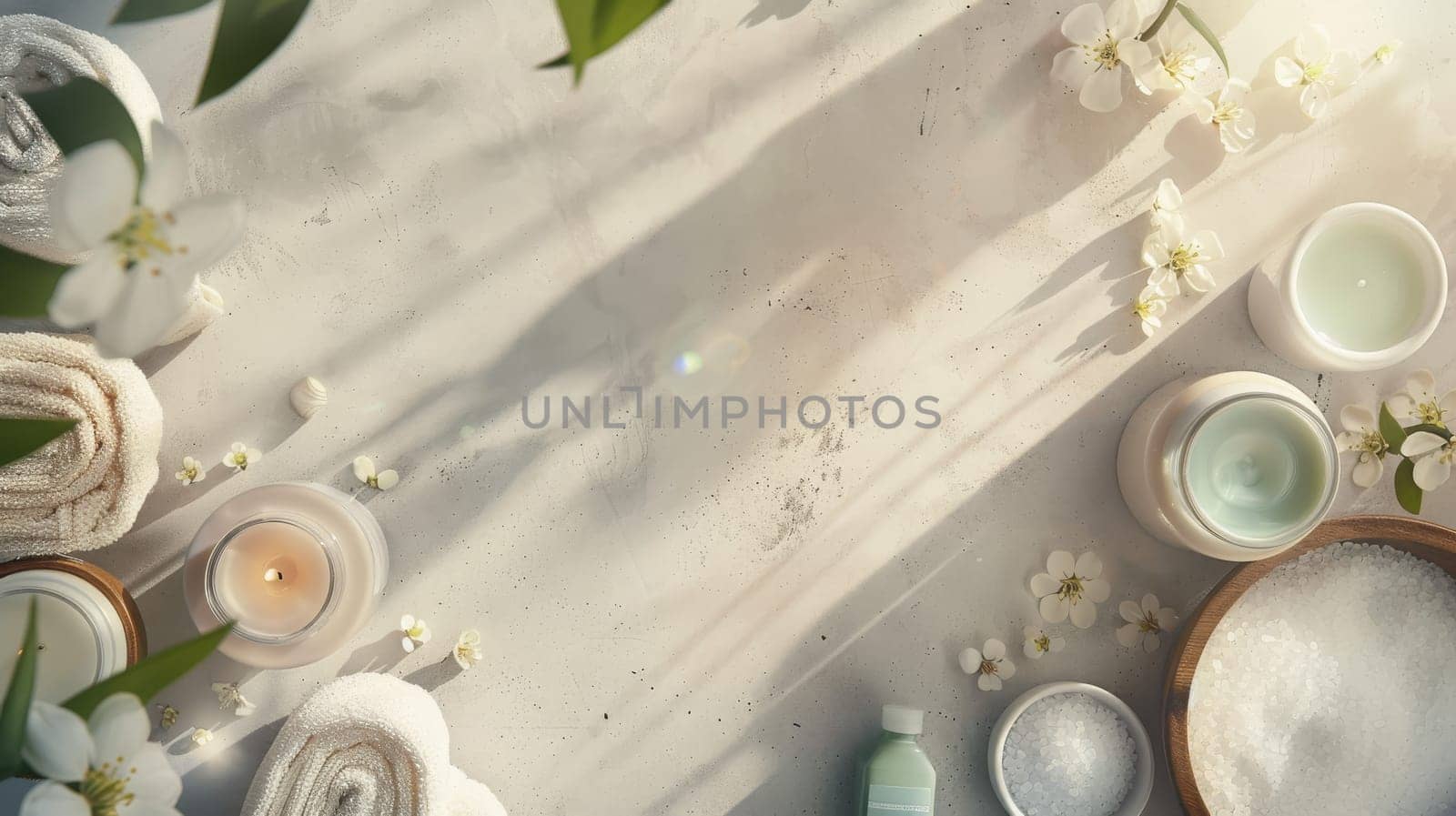 A white background with a lot of white items on it. Beauty and wellness concept
