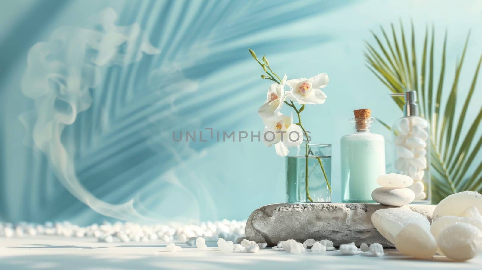 A blue background with a white palm tree and a white flower. A bottle of lotion is on a stone