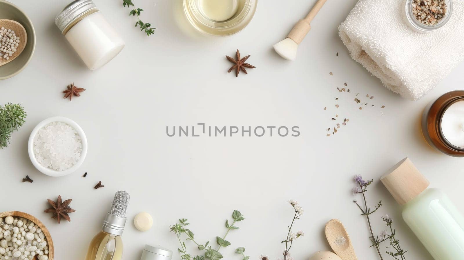 A white background with a variety of herbs and spices, including basil, parsley, and rosemary