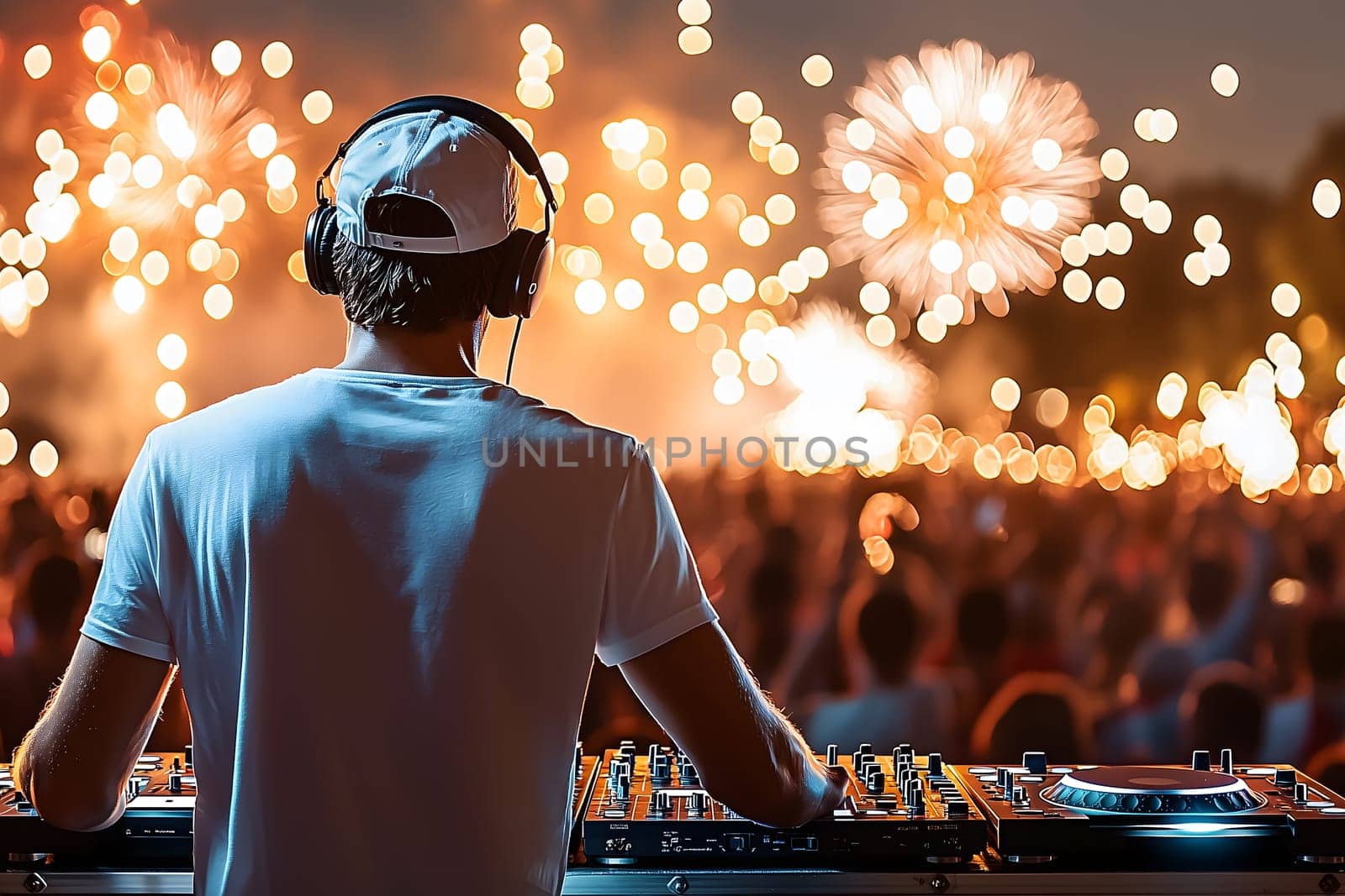 DJ performs at open-air party, mixing records with crowd dancing in background. Fireworks light up night sky, creating vibrant energetic festival vibe. AI generated image