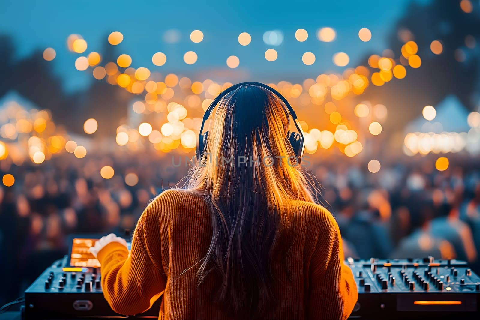 Female DJ performs at open-air party, mixing records with crowd dancing in background. Fireworks light up night sky, creating vibrant energetic festival vibe. AI generated image