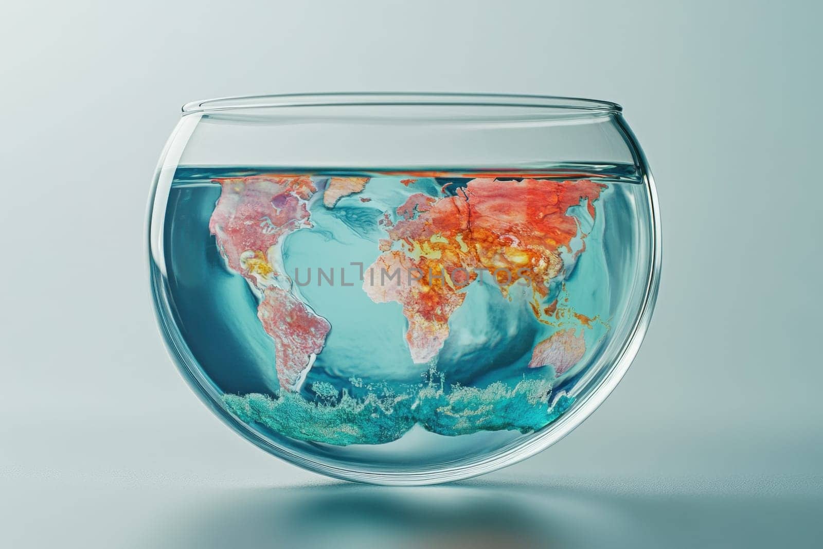 World map sinking in a fishbowl filled with water, symbolizing rising sea levels and environmental challenges