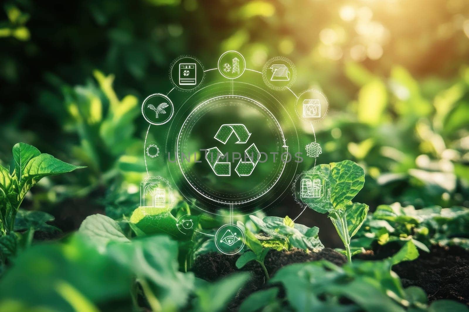 A green circle with a green recycle symbol in the middle surrounded by various icons