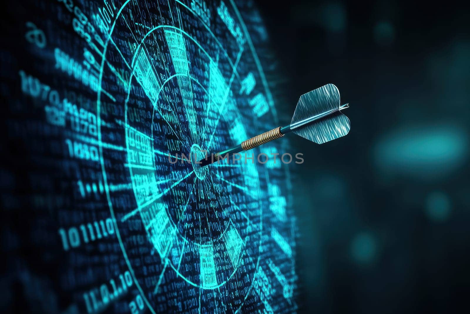 A digital image of a dartboard with a single arrow on it. The image has a futuristic and technological feel to it, with the blue background and the digital nature of the image