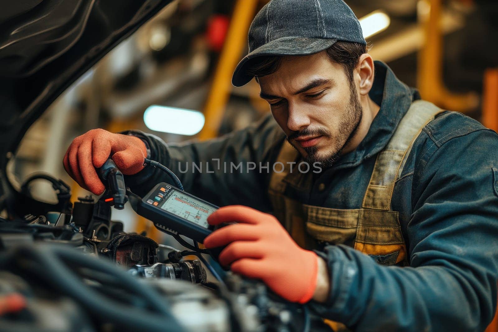 A man is working on a car engine with a digital readout on his hand. He is wearing a blue jacket and a hat
