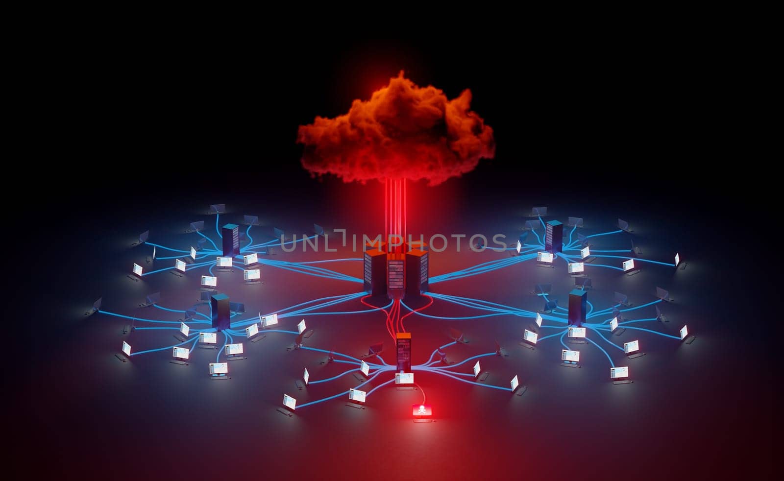 Cloud cybersecurity, compromised network infrastructure concept. Digital 3D rendering.
