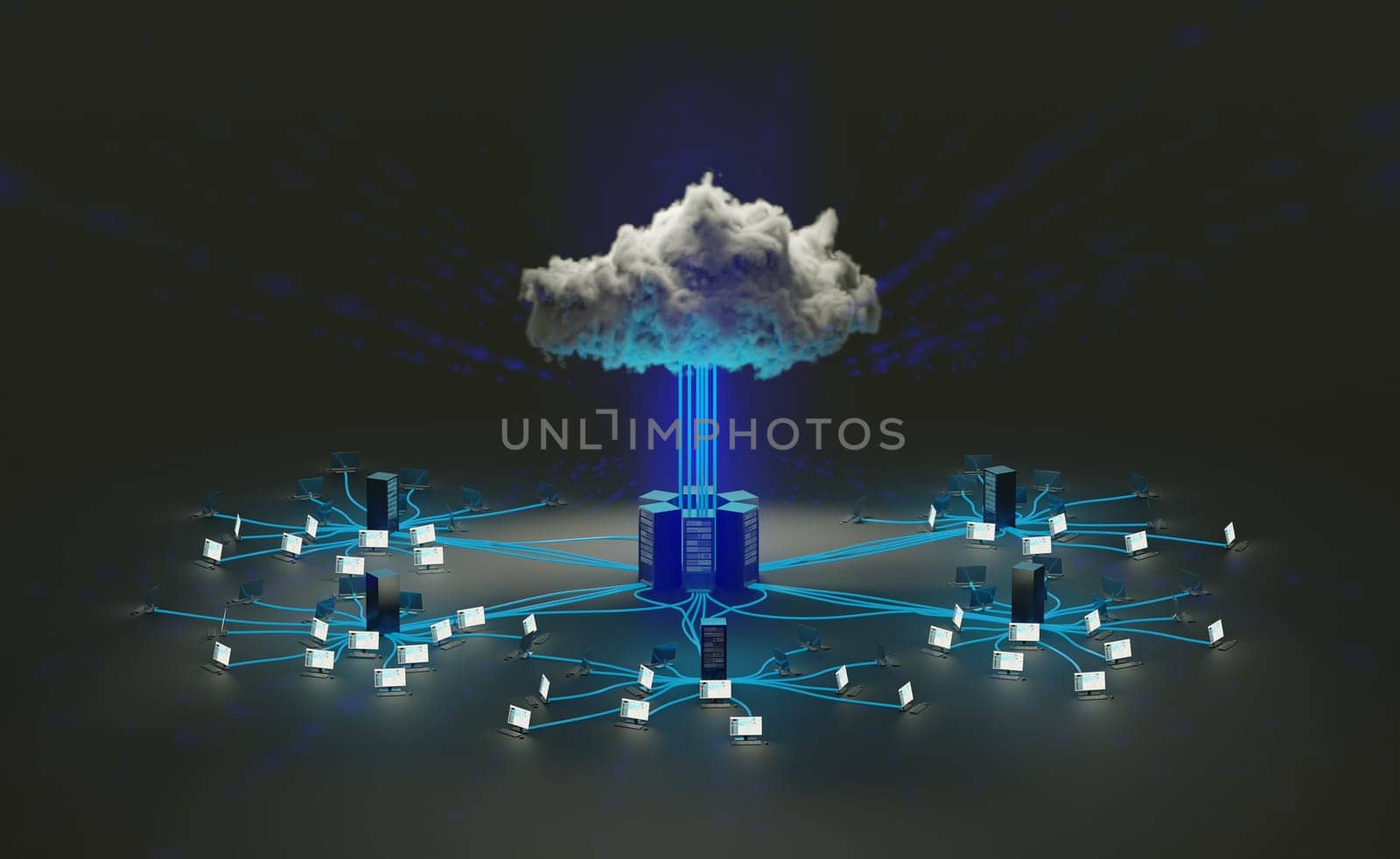 Cloud computing, network infrastructure concept. Digital 3D rendering.