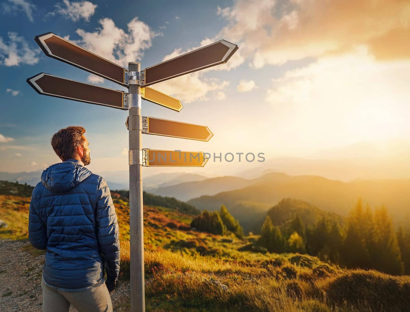 Person stands at crossroad with multiple blank signposts pointing in different directions. Male explorer looks from top of the hill at sunset had to decide which way to choose