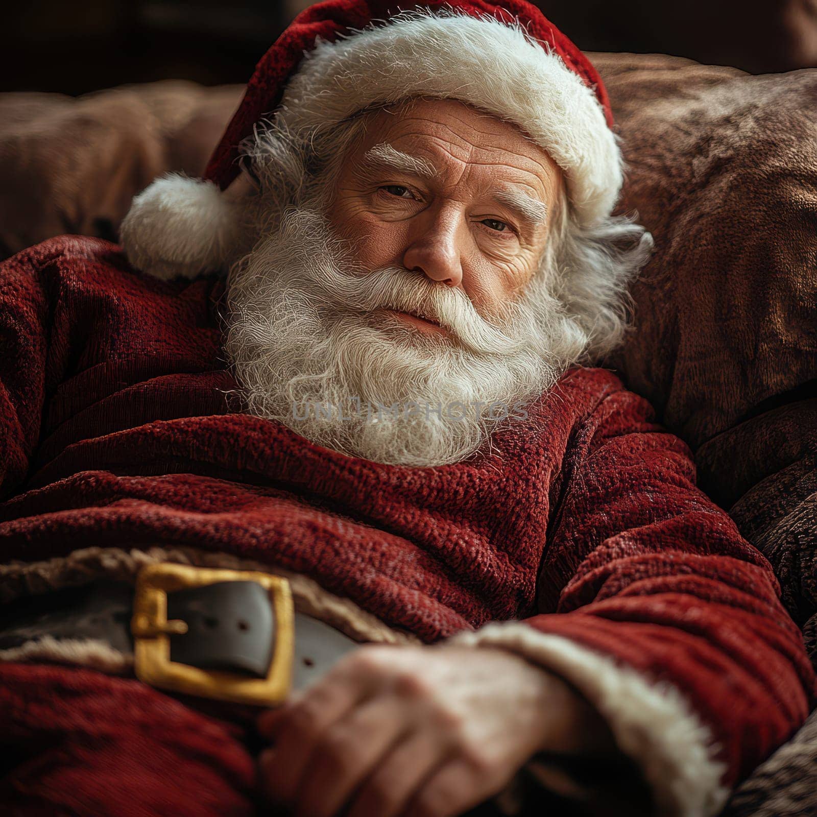 An older man dressed as Santa Claus lounges comfortably indoors exuding a warm and festive spirit during the holiday season.