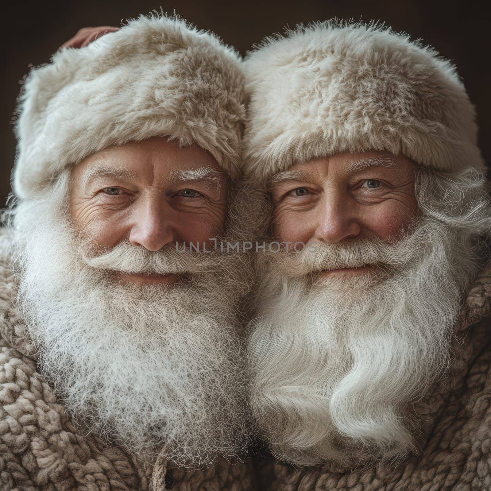 Two cheerful men in fuzzy hats and warm sweaters embrace embodying the essence of holiday spirit in a cozy winter setting.