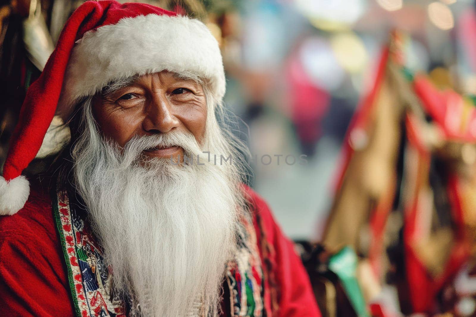 A cheerful man wearing a Santa costume with a long white beard smiles warmly embodying the festive spirit of the holiday season.