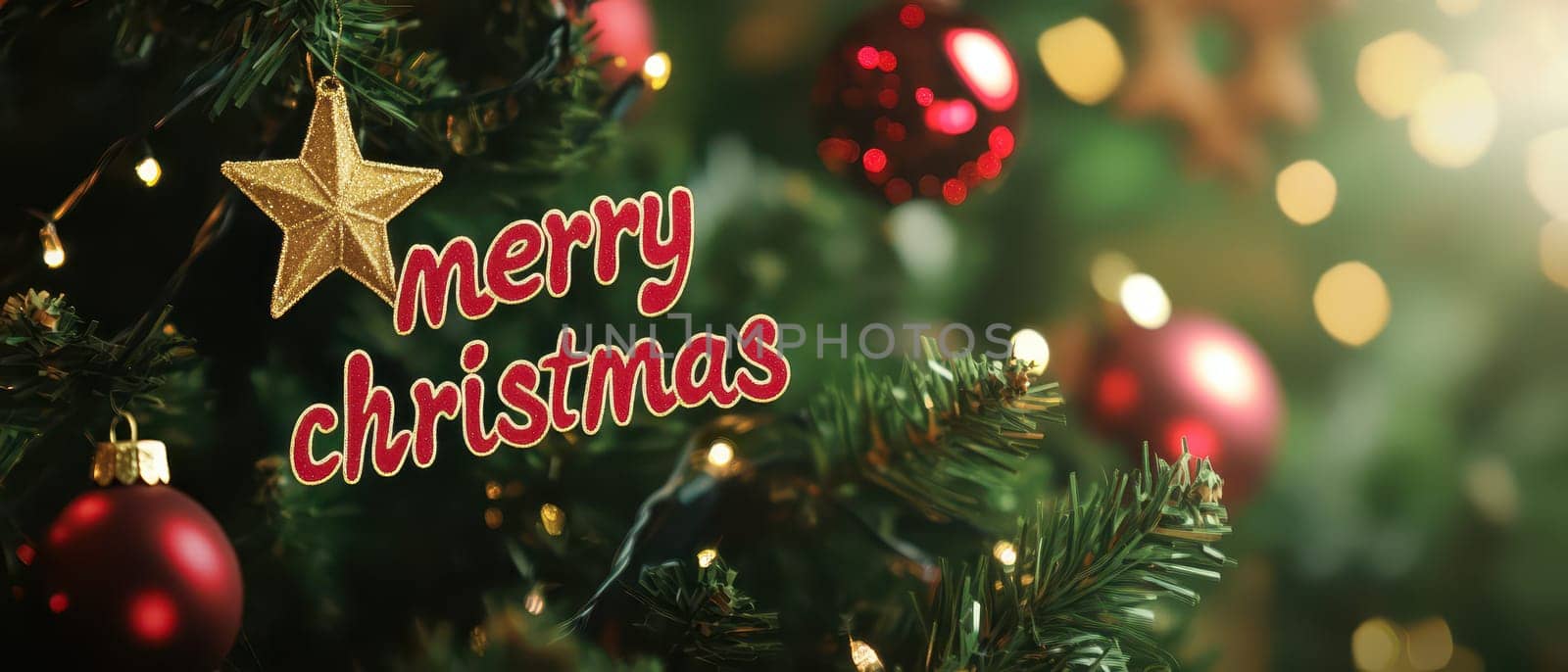 A closeup view of a decorated Christmas tree featuring ornaments and a golden star with a festive message for the holiday season.