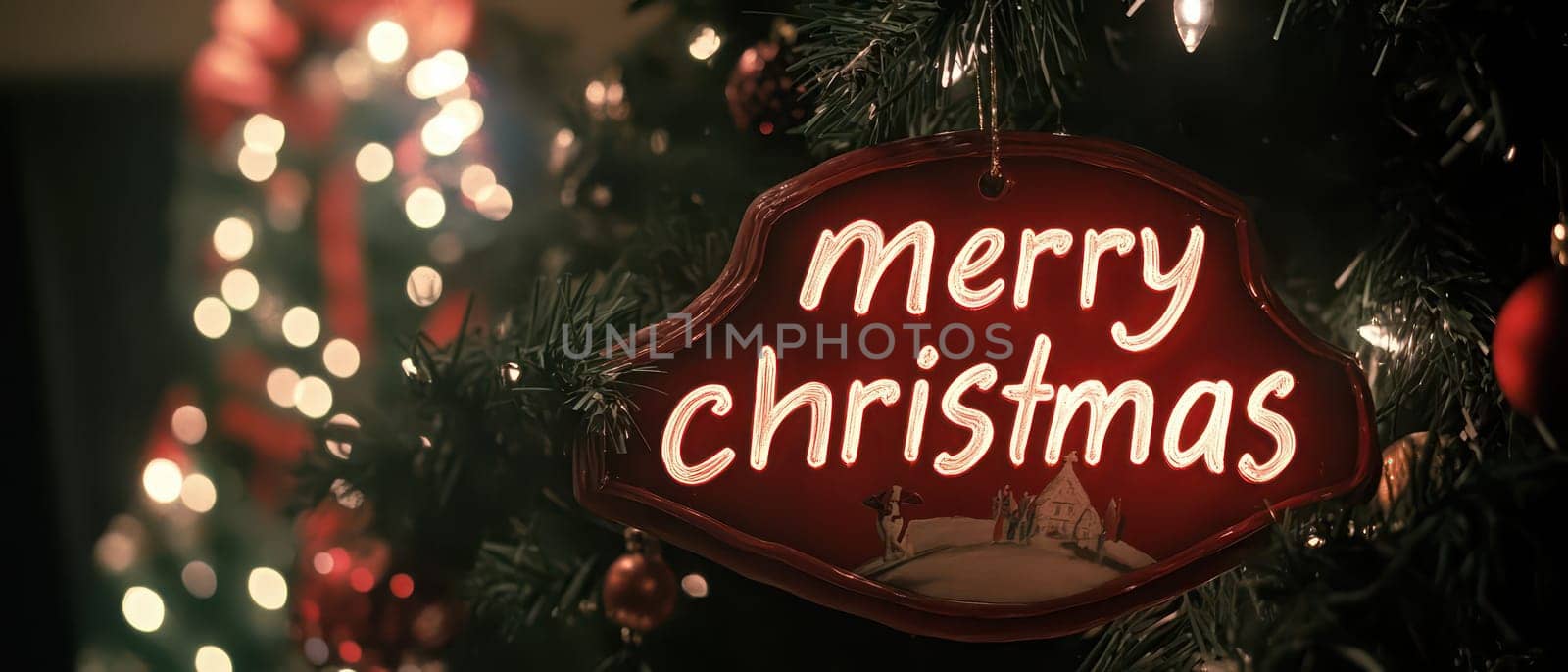A decorative sign reading Merry Christmas is prominently displayed on a Christmas tree adorned with colorful ornaments and lights.