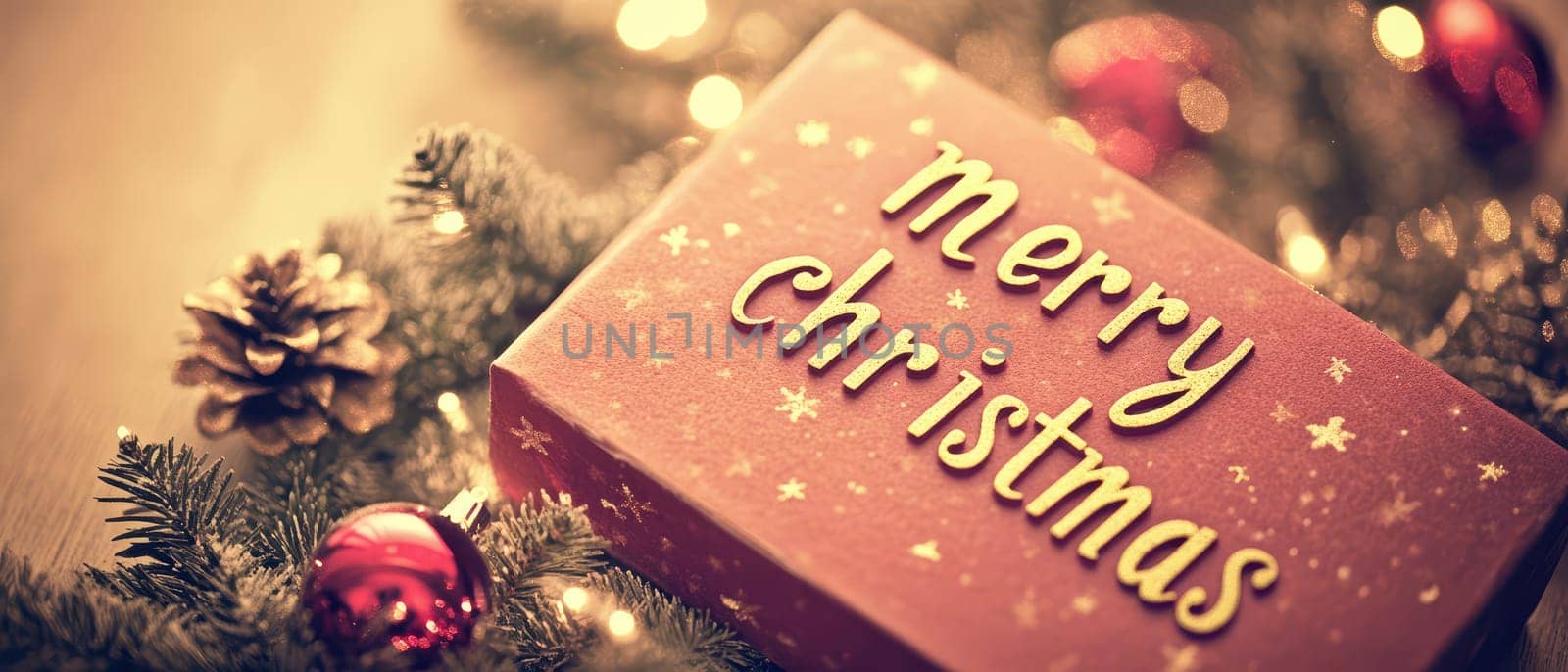A red Christmas gift box sits among pine branches and ornaments conveying a warm holiday spirit in a cozy setting.
