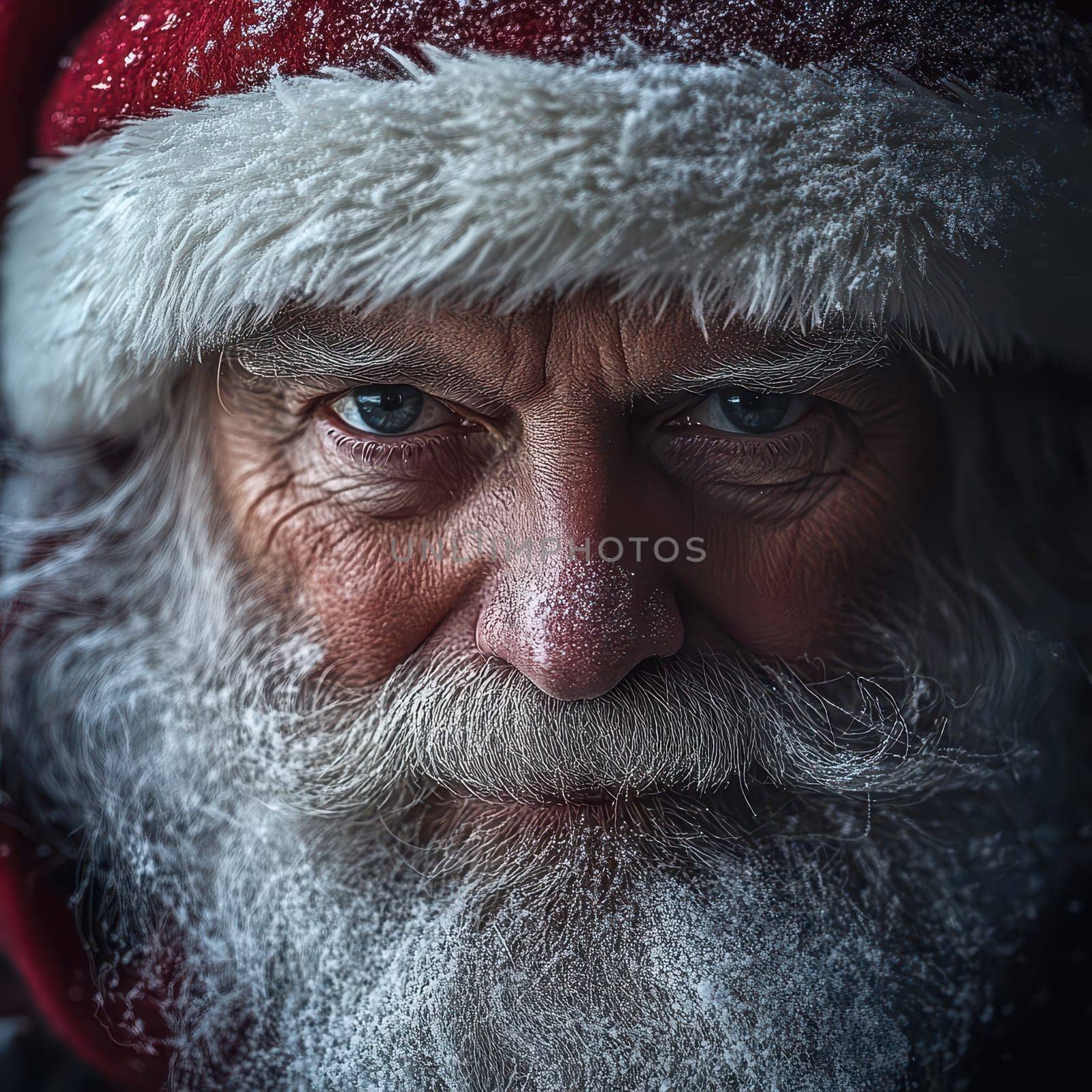 An elderly man with a long snowy beard wears a festive red hat showcasing a serious expression in a cold winter setting.