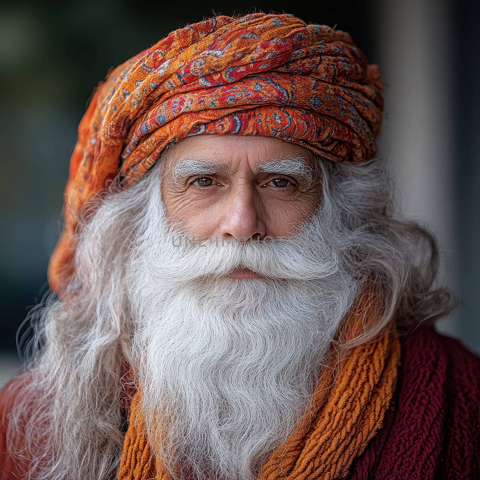 An elderly man with a long white beard dressed in orange attire sits outside showcasing his rich cultural heritage and wisdom.