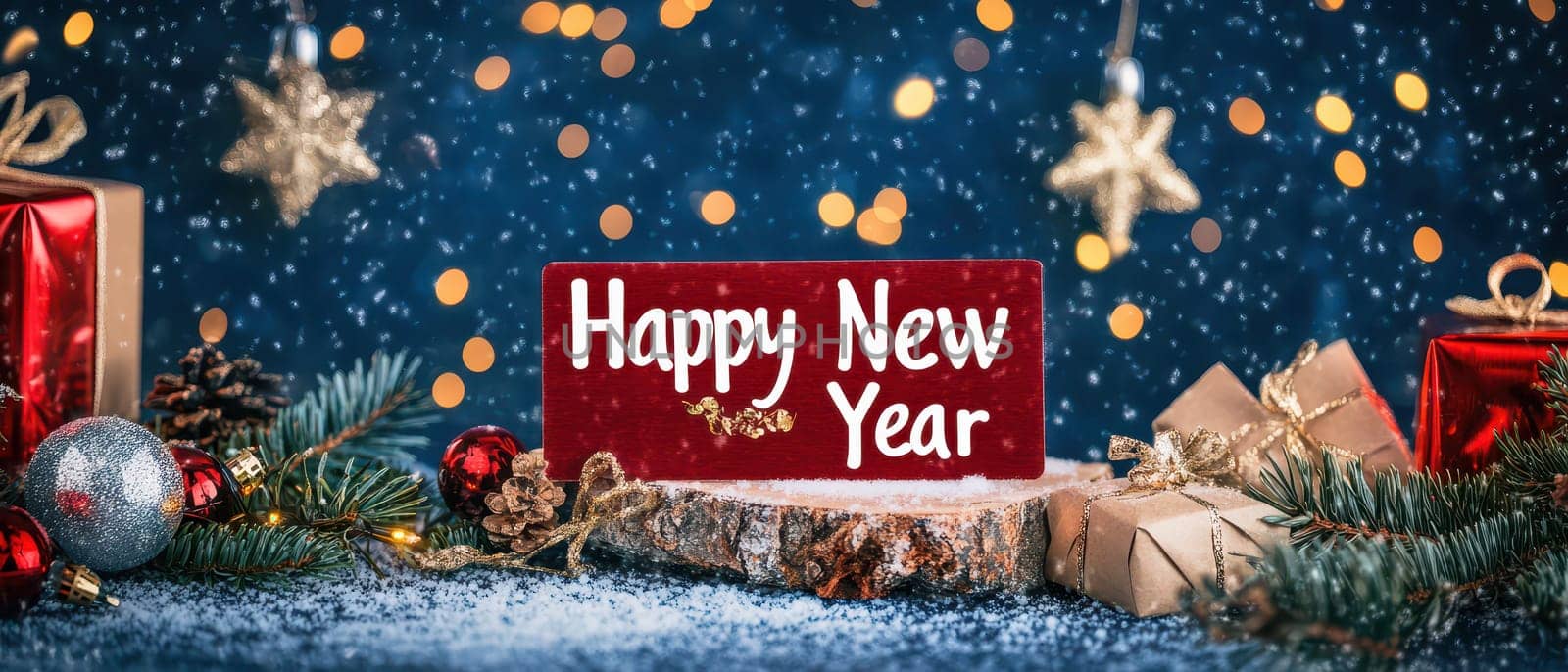 A cheerful New Year arrangement featuring a sign ornaments and wrapped gifts set against a sparkling blue background.
