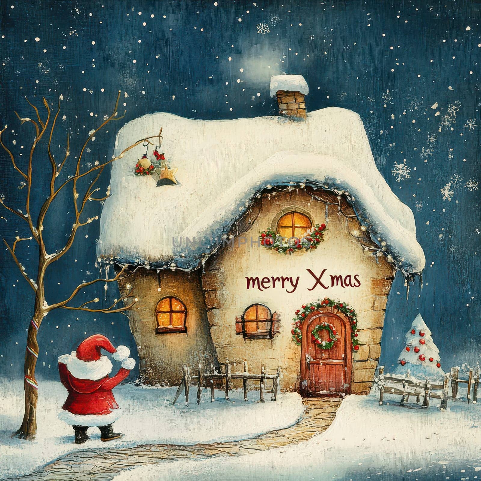 A jolly Santa waves near a charming cottage covered in snow adorned with Christmas decorations under the starry night sky.