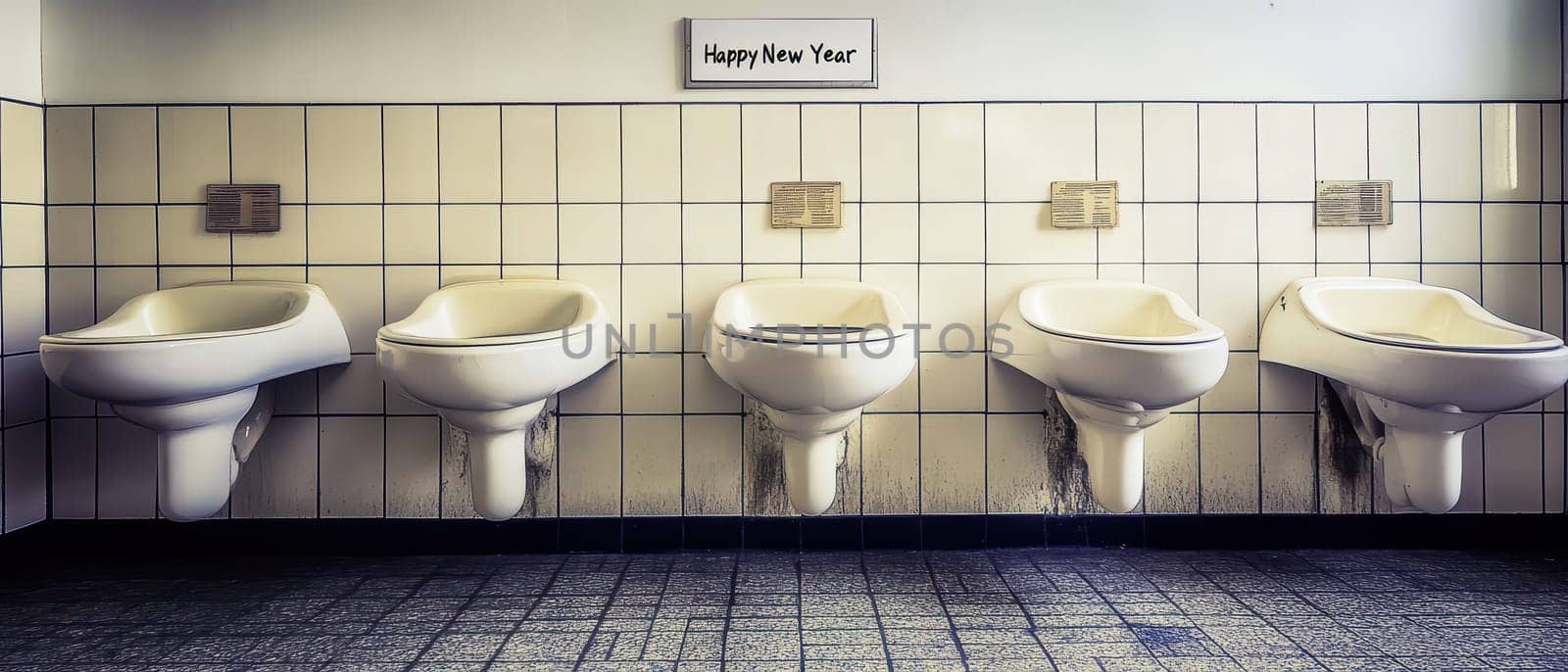 A restroom featuring five clean urinals lined up against a tiled wall with a Happy New Year sign above them creating an interesting atmosphere.