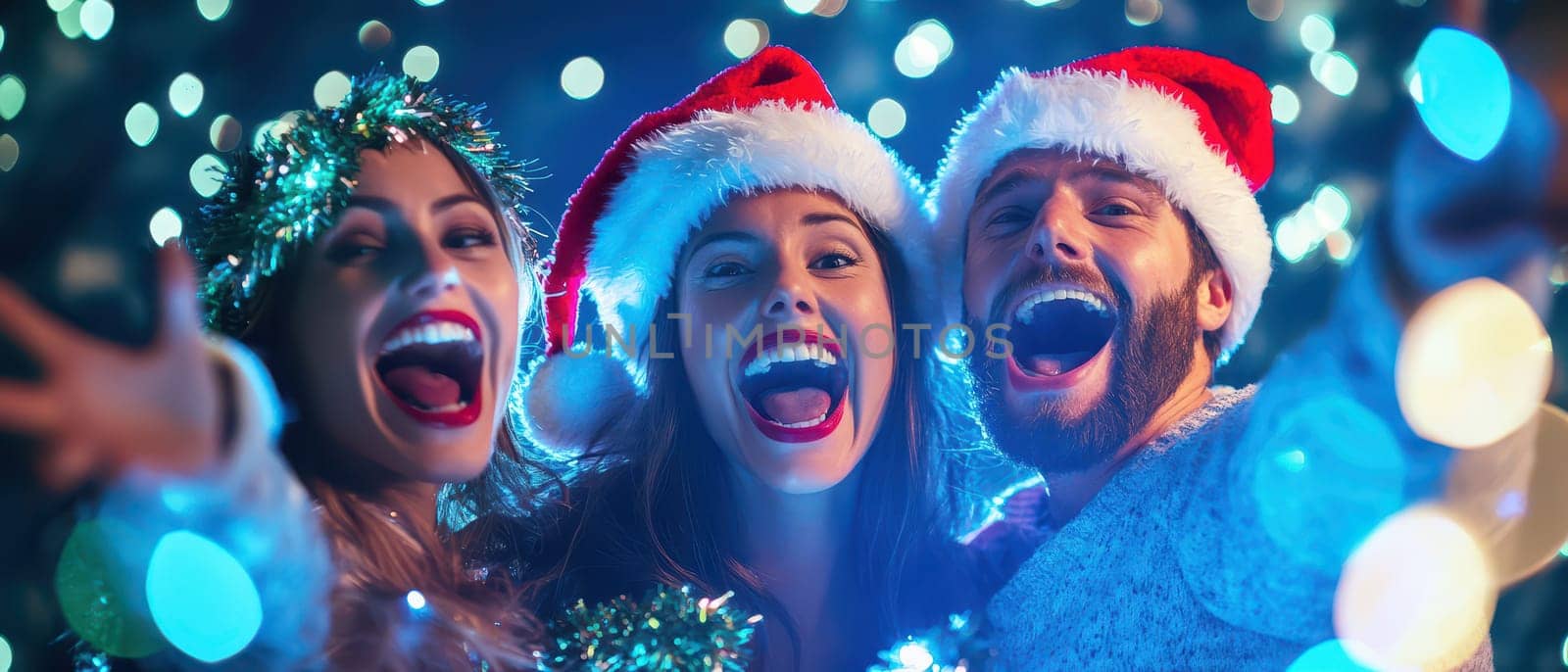 Friends are joyfully celebrating Christmas wearing Santa hats and surrounded by colorful holiday lights in a cheerful atmosphere.