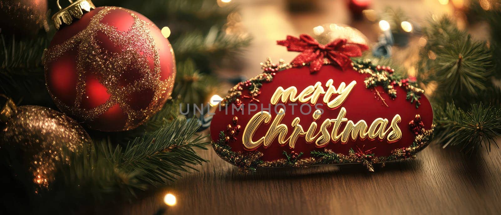 A Christmas decoration featuring a red Merry Christmas sign surrounded by festive ornaments and greenery creating a joyful holiday atmosphere.