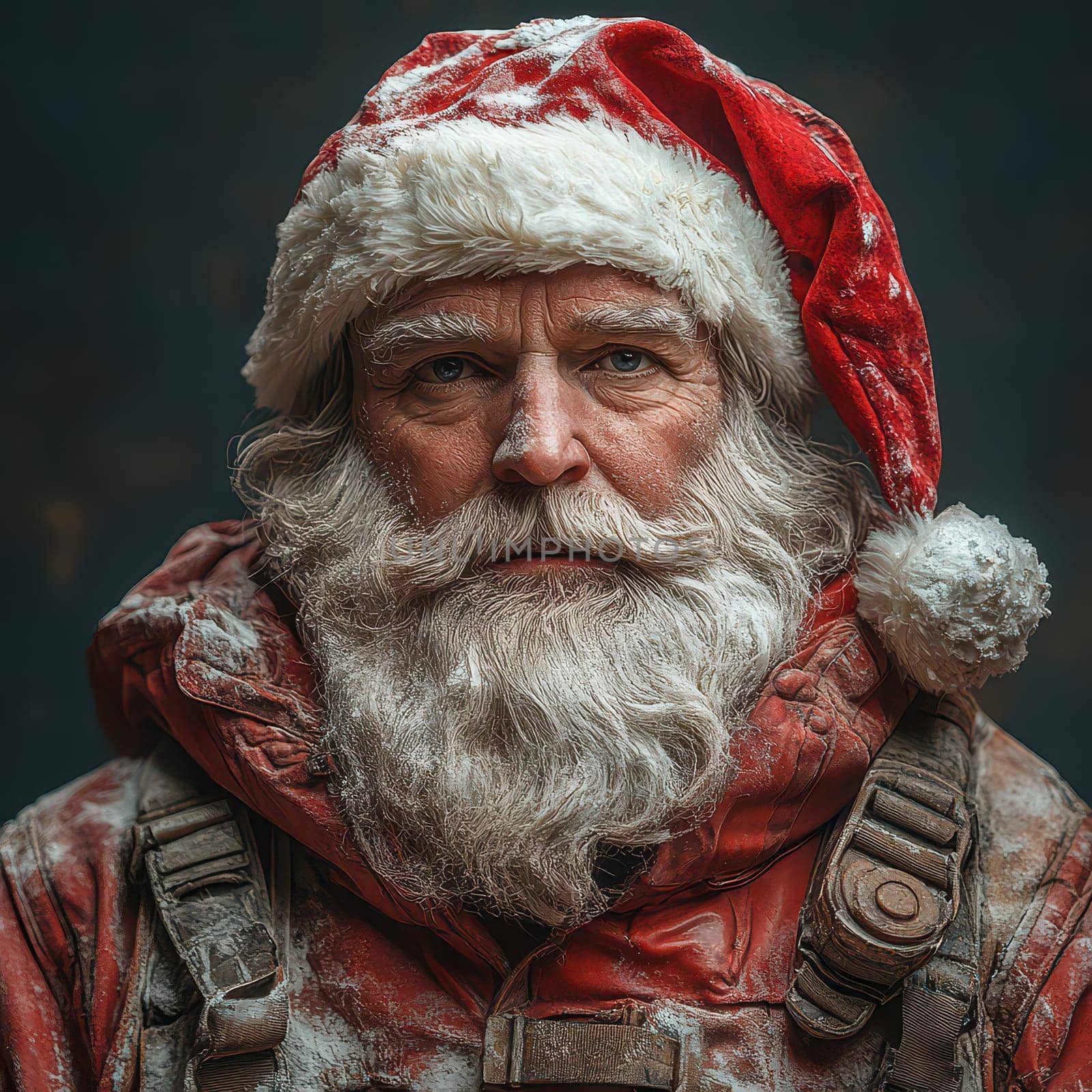An elderly man with a long beard wears a Santa hat and red coat covered in snow evoking a festive winter atmosphere.