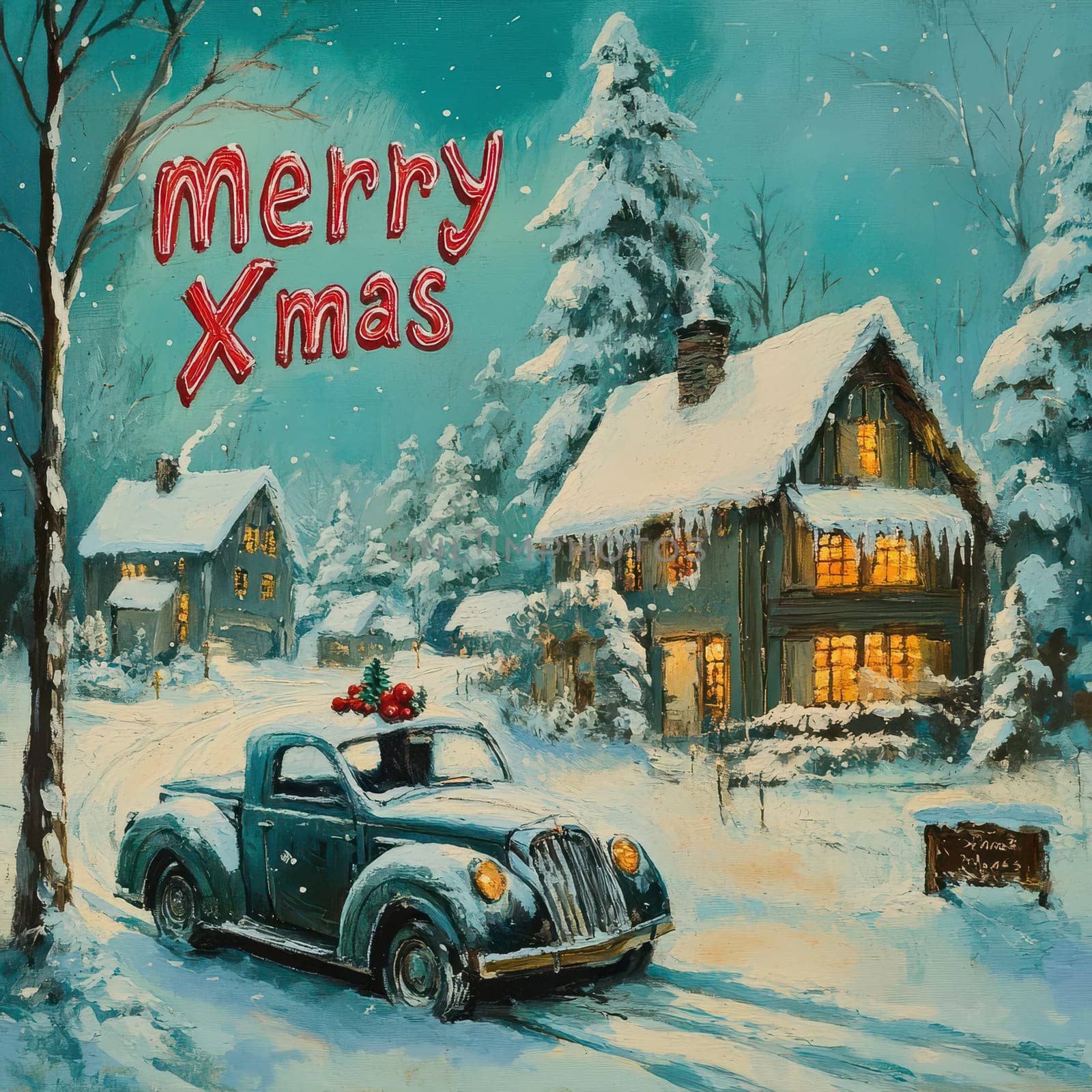 A vintage truck adorned with holiday decor drives through a snowy village showcasing charming houses lit warmly for Christmas.