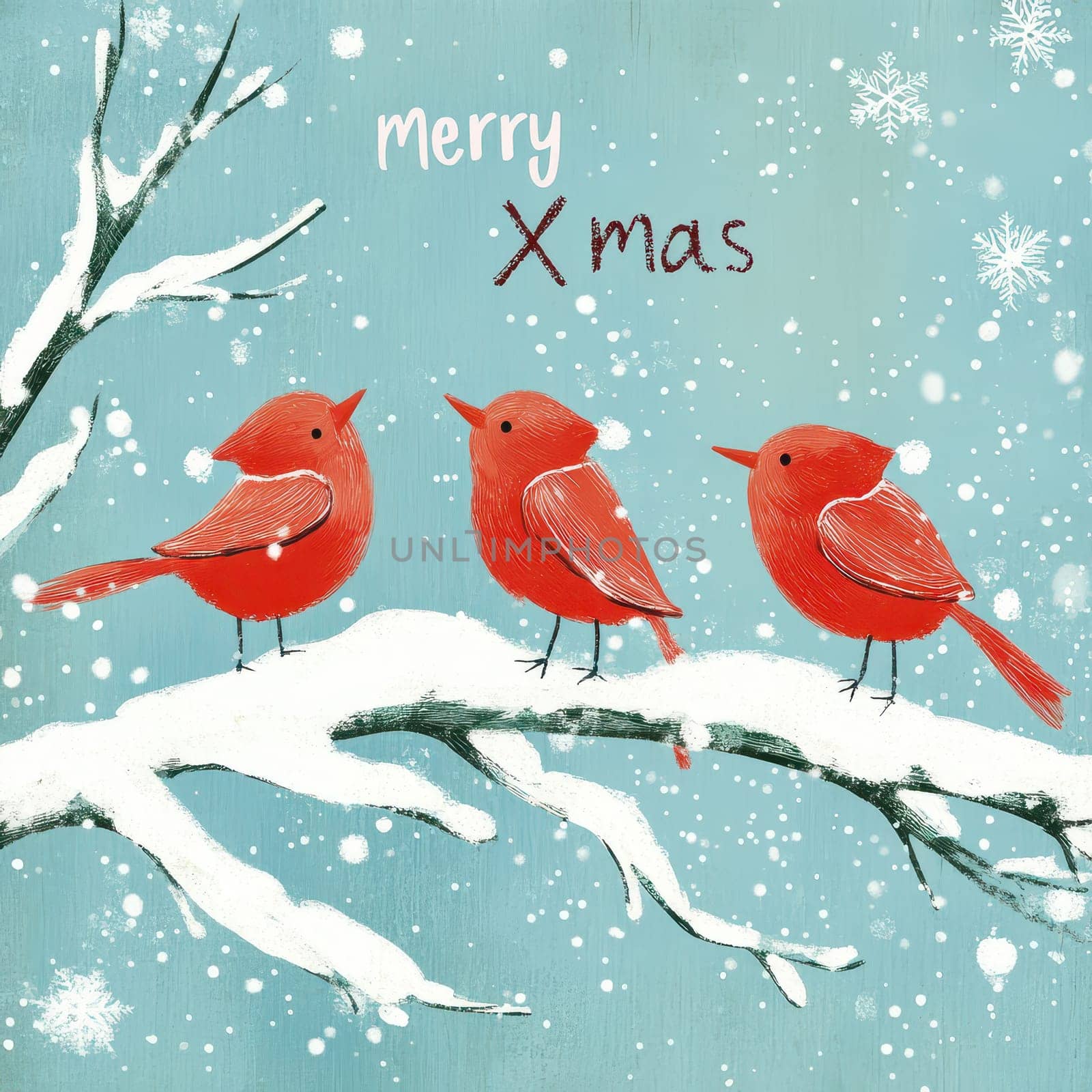 Three red birds gather on a snow covered branch celebrating the festive season in a winter wonderland filled with snowflakes.