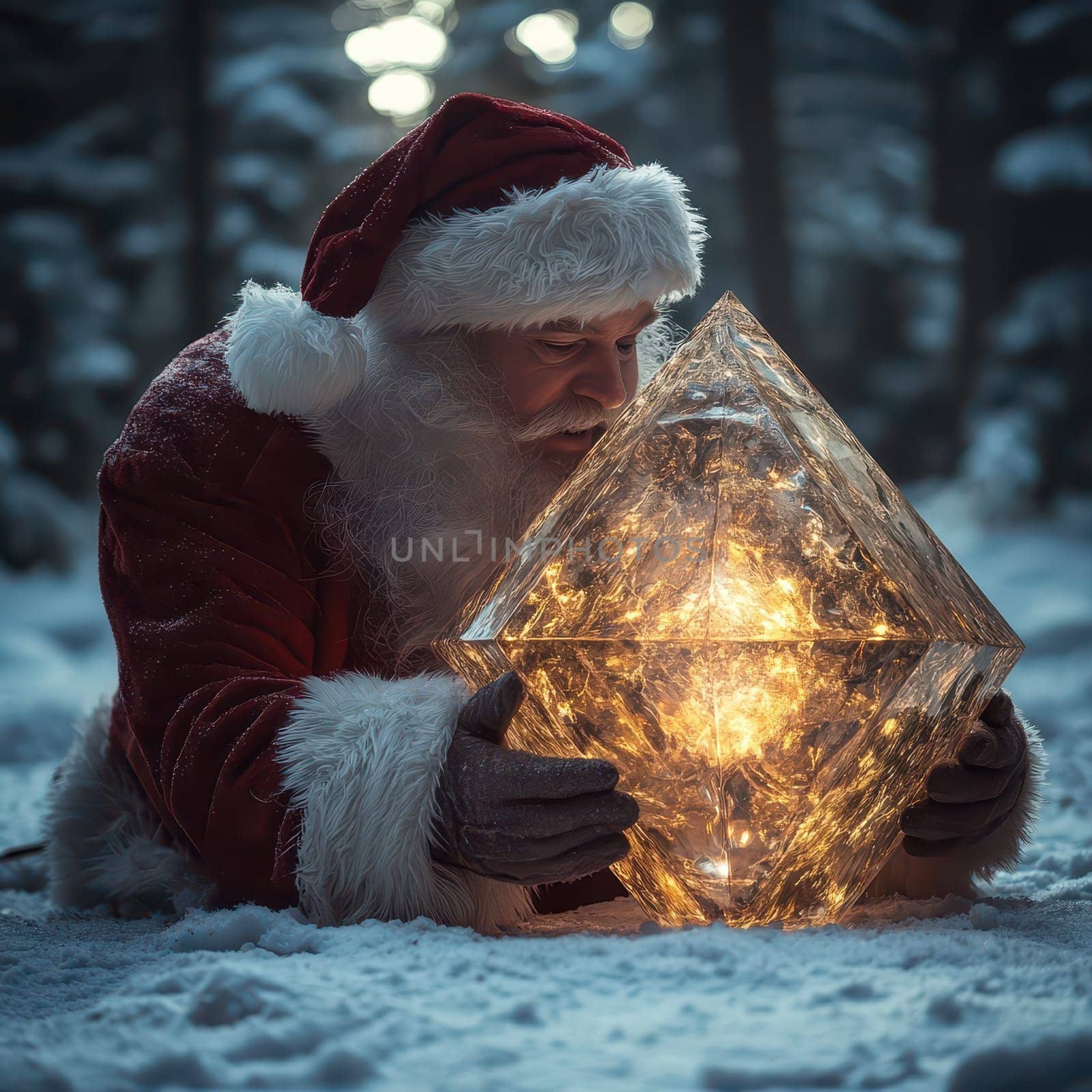 Santa Claus kneels in the snow embracing a large glowing crystal while surrounded by tall trees under a winter sky.