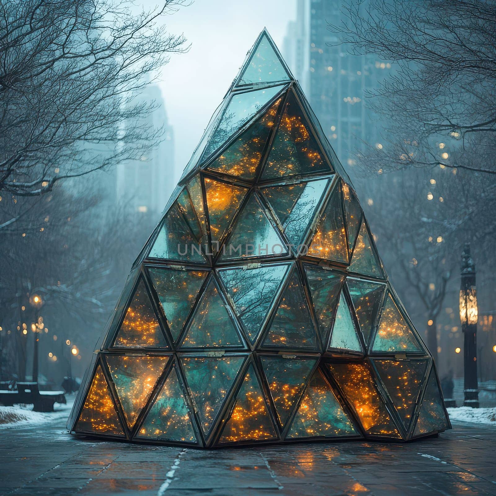 A unique glass pyramid stands illuminated amidst city buildings on a chilly evening showcasing its geometric design and soft glow.