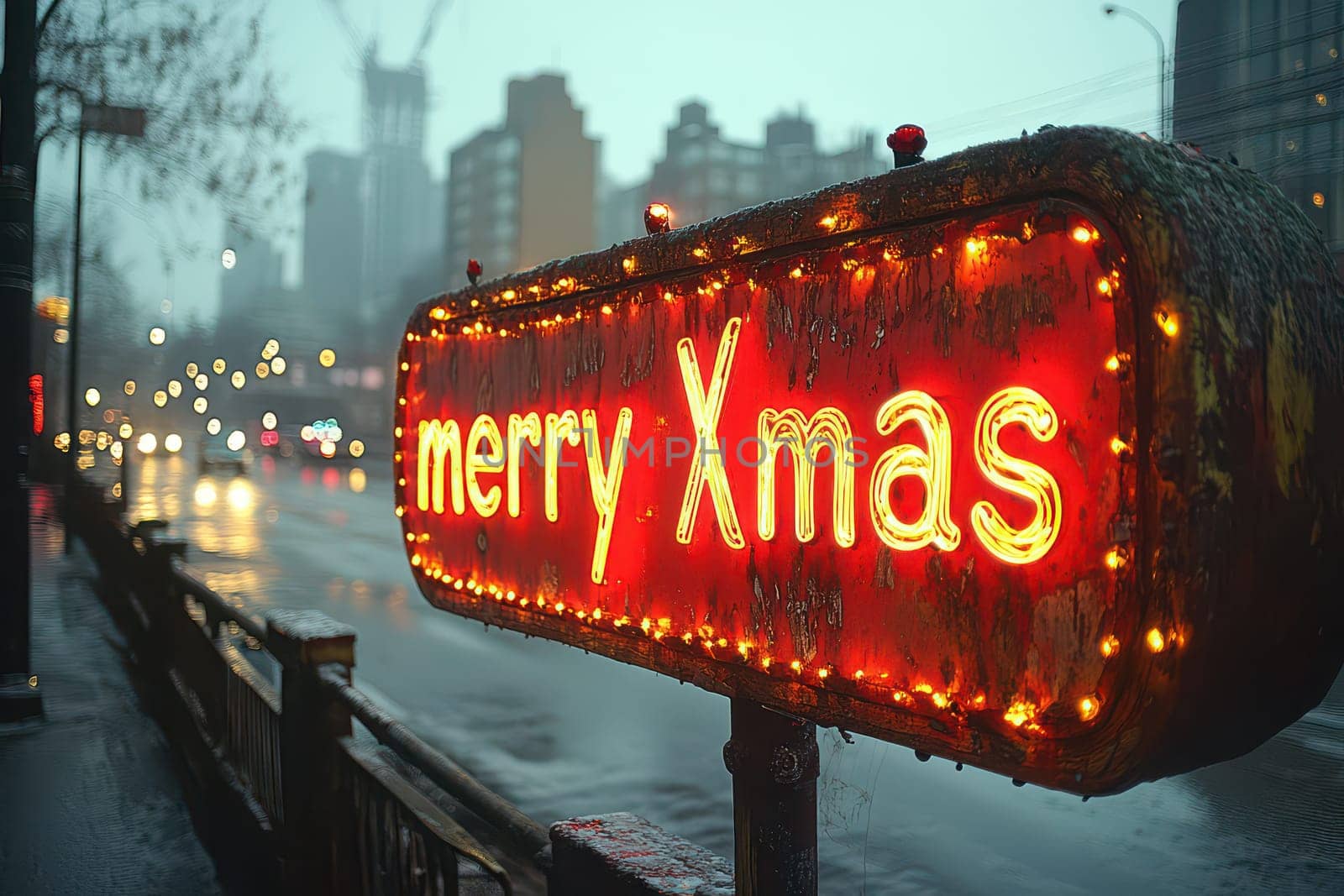 A vibrant red sign displaying merry Xmas shines brightly in the rain casting a warm glow on the wet street during the holiday season.