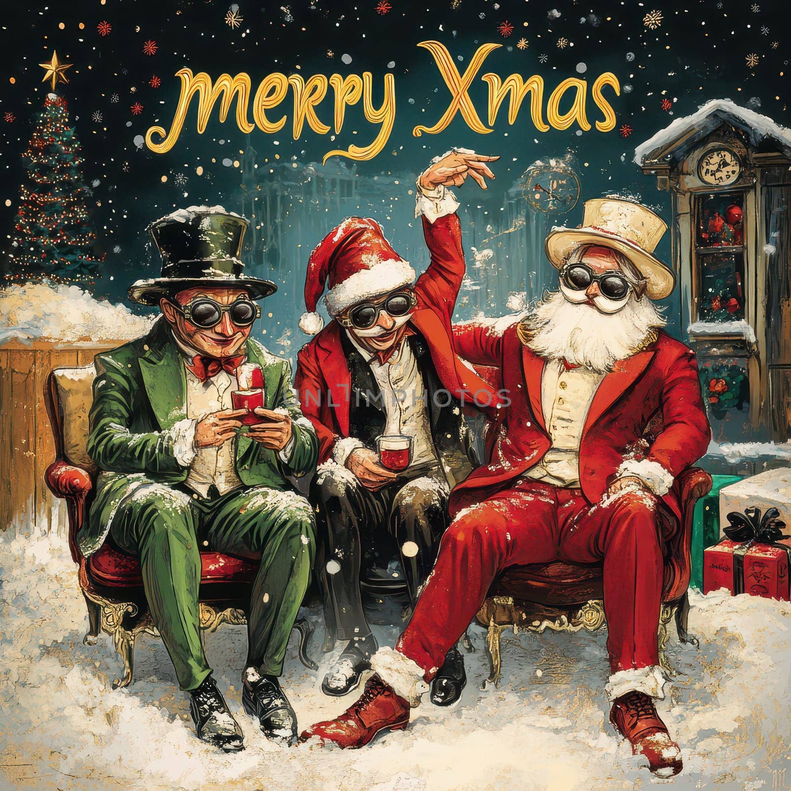 Three playful characters including Santa enjoy Christmas together in a cozy setting while celebrating the festive spirit with drinks.
