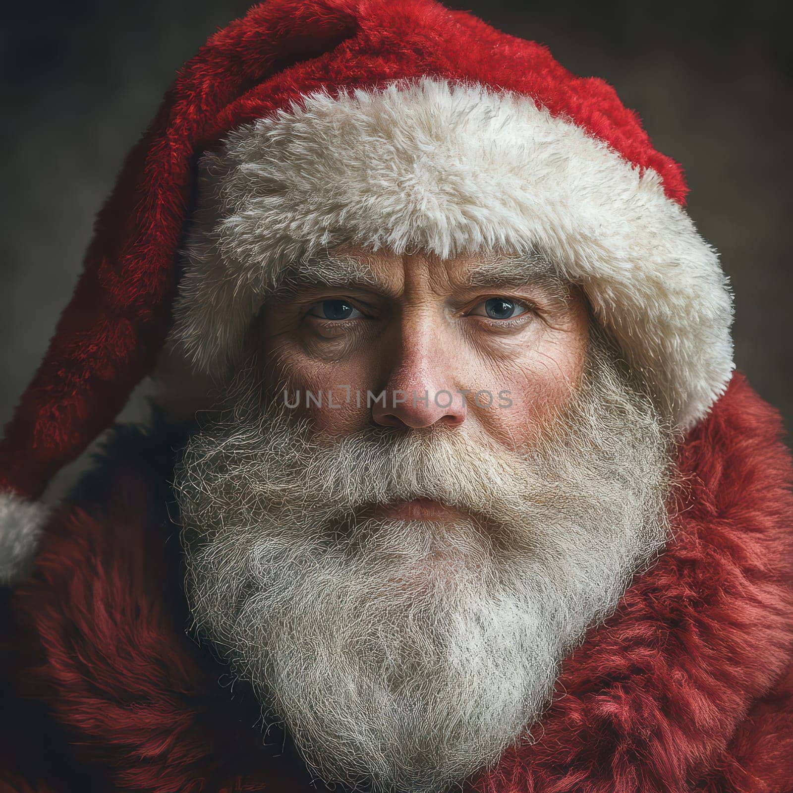 A bearded man in a bright red suit and white fur hat gazes thoughtfully while embodying the spirit of the holiday season.