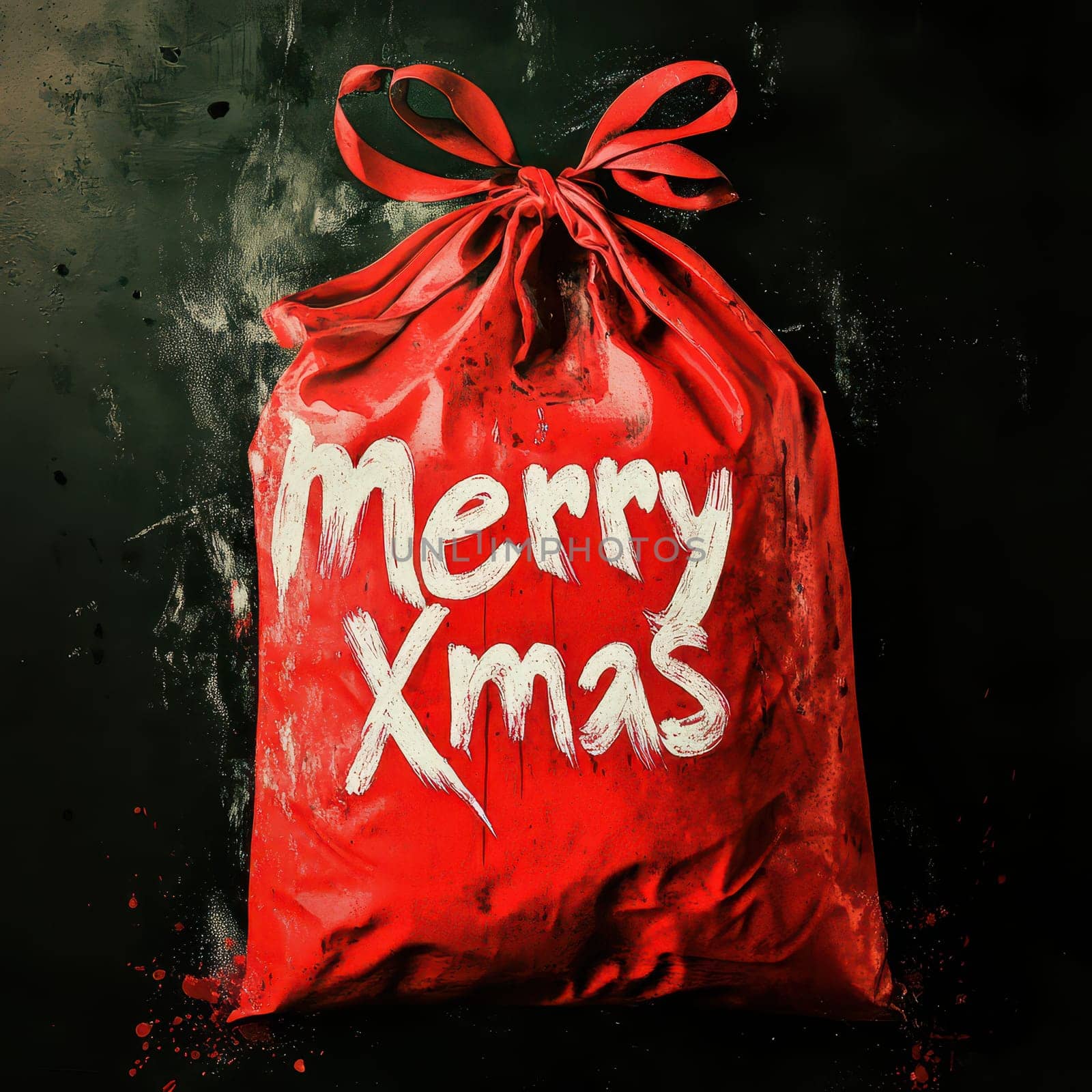 A vibrant red Christmas gift bag with handwritten Merry Xmas resting against a dark surface ready for holiday celebrations.