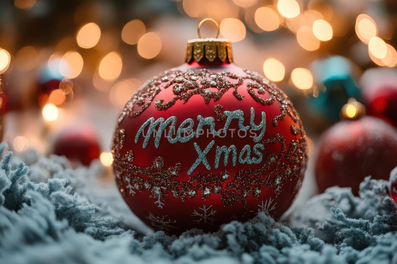 A beautiful red ornament displaying Merry Xmas rests on soft textured snow surrounded by glowing decorative lights in a festive setting.