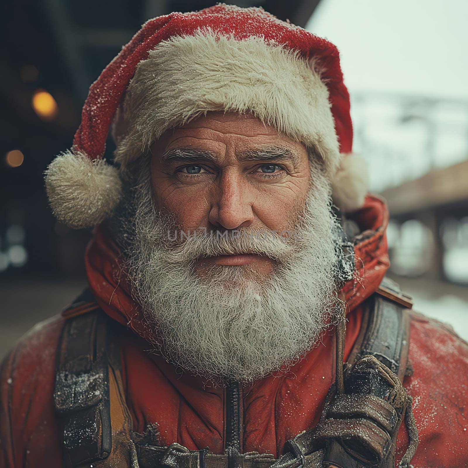 A man dressed as Santa Claus stands outdoors in a winter coat surrounded by snow and a cold atmosphere creating a festive mood.