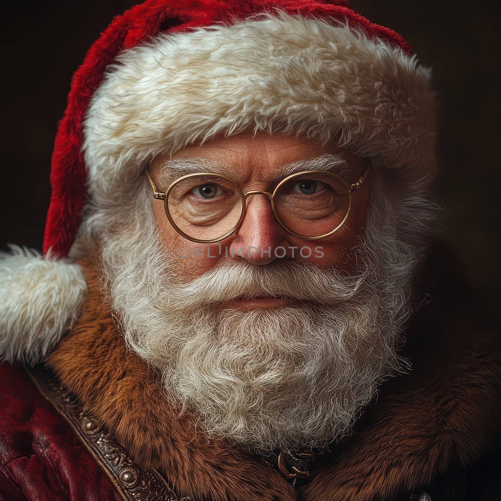 A joyful Santa Claus with glasses and a fluffy hat exudes holiday cheer inviting everyone to celebrate the festive season.