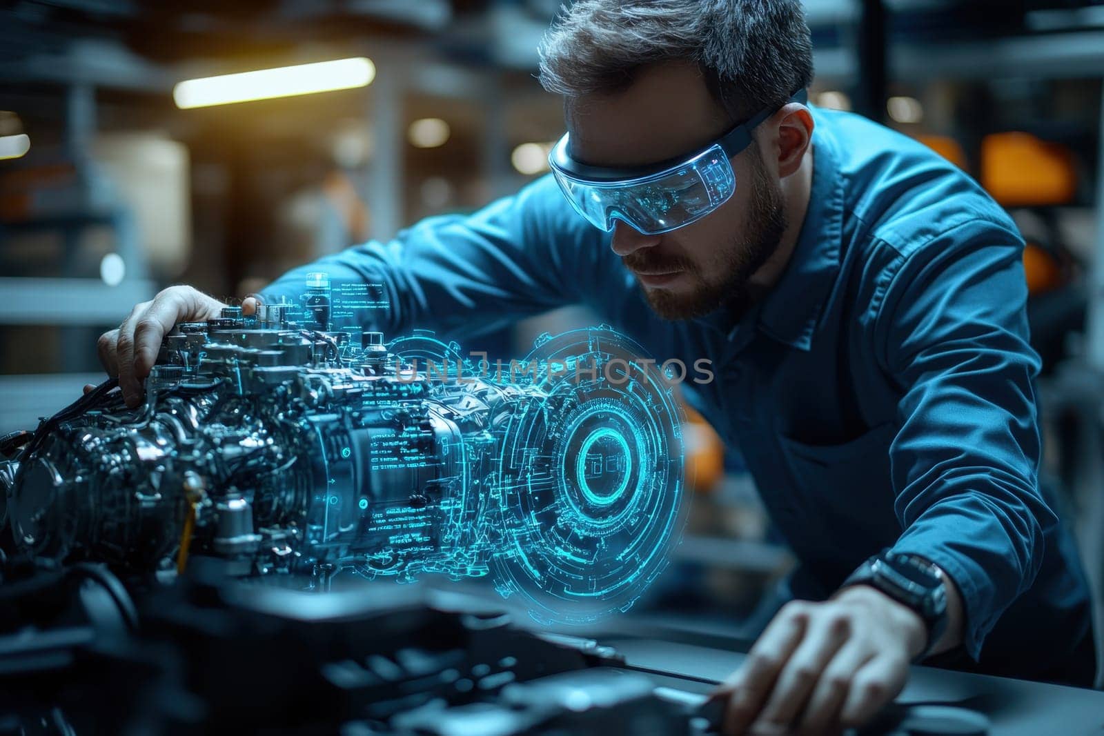 A man in a blue shirt is working on a machine with a blue and green design. He is wearing a pair of goggles and he is focused on his task. Concept of precision and attention to detail