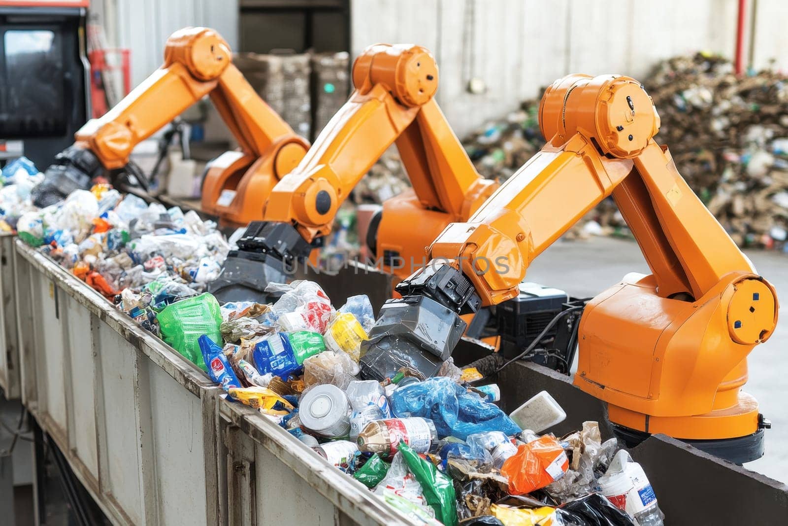 Advanced robotic arms swiftly sort waste materials in an innovative recycling facility, showcasing high-tech solutions for efficient waste management and environmental sustainability.
