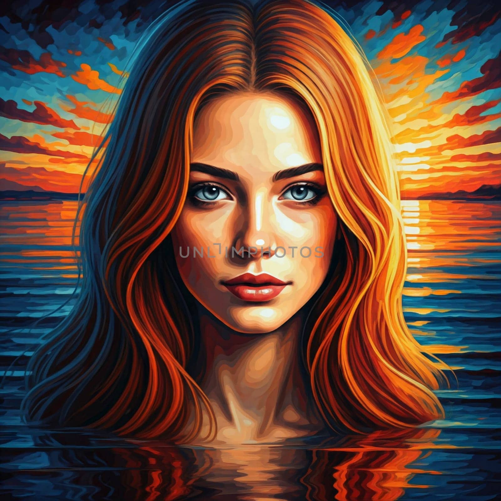 Woman With Fiery Hair Reflecting In Sunset Waters - Generative AI