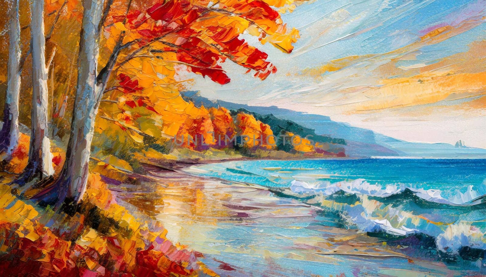 Autumn Beach Landscape Painting - Generative AI