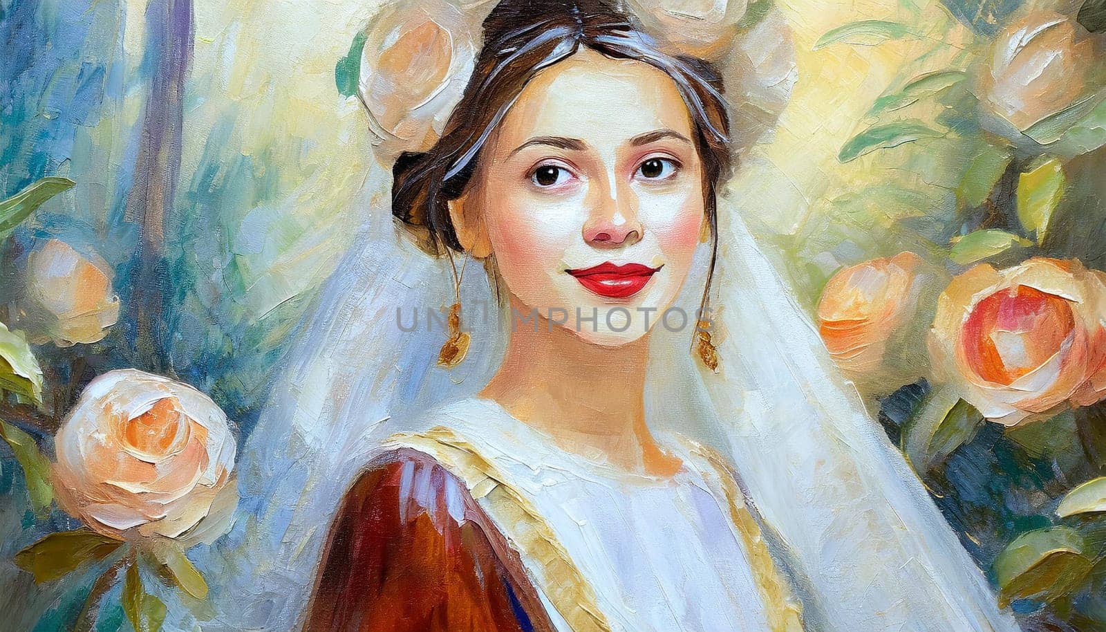 Impressionist Painting Of AWoman With Roses - Generative AI