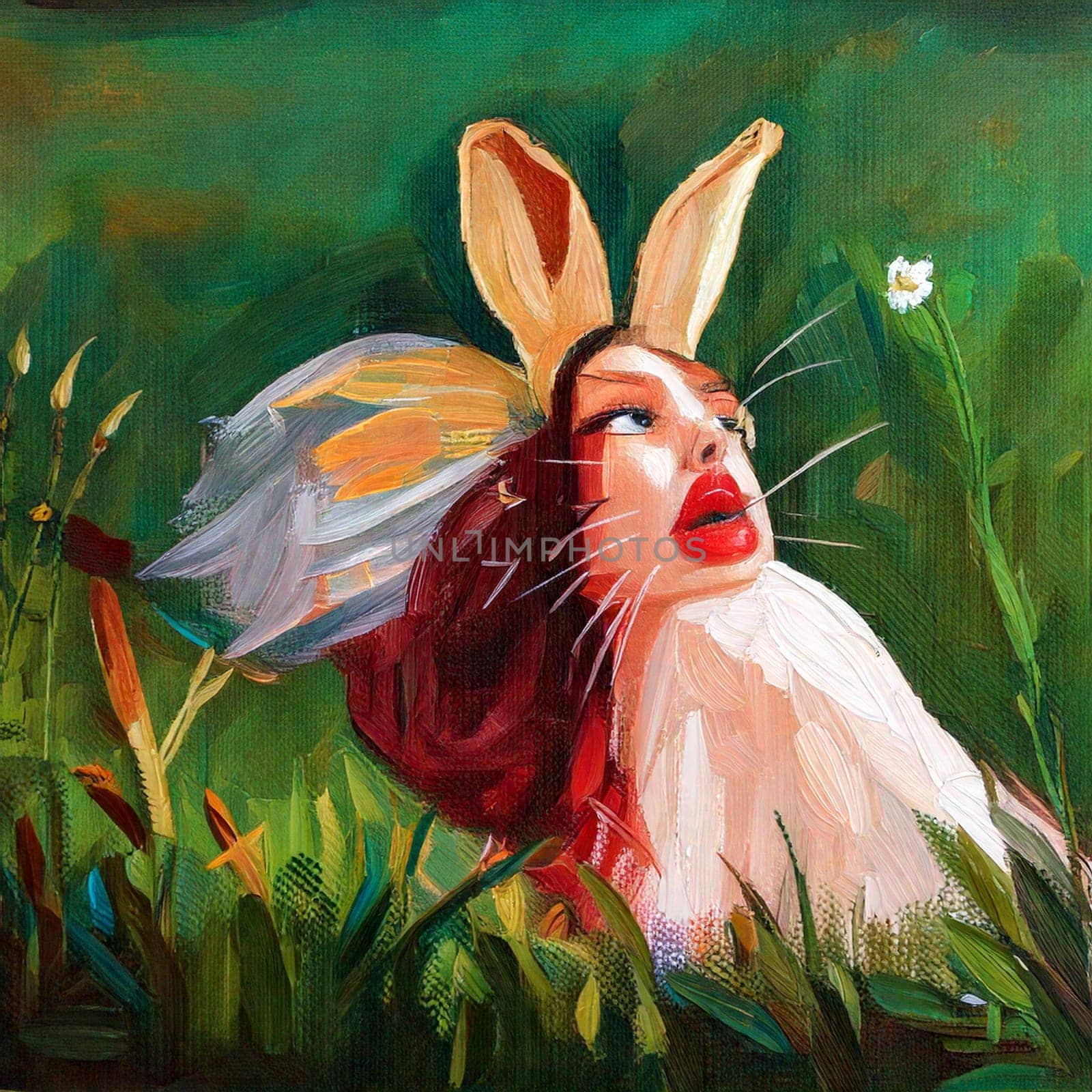 Whimsical Bunny Woman In A Field Of Flowers - Generative Art