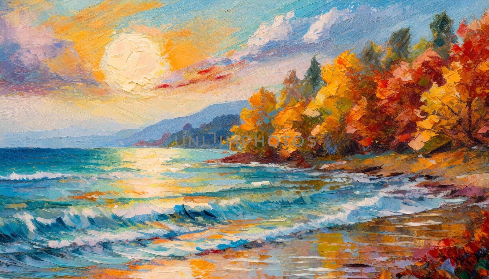 Autumn Beach Landscape Painting - Generative AI