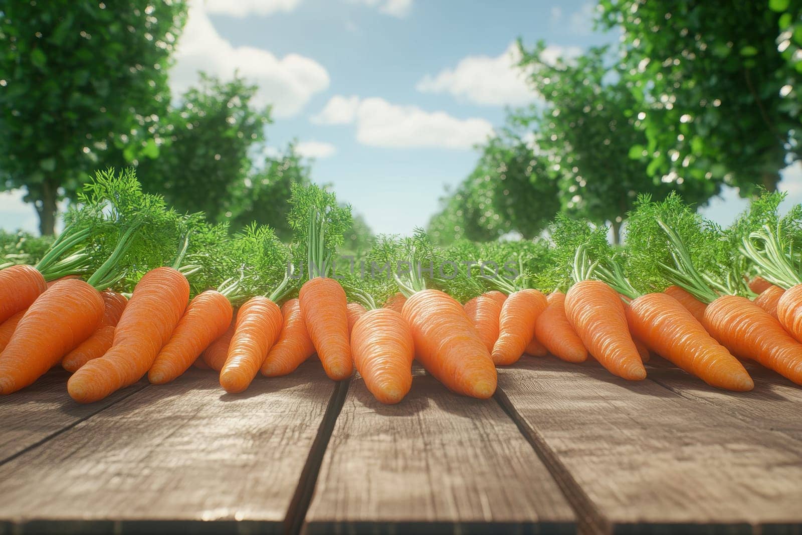 A rustic wooden table showcases freshly harvested carrots, vibrant and healthy, with lush green tops. The backdrop features a sunny sky and verdant garden, evoking a sense of freshness and nature.