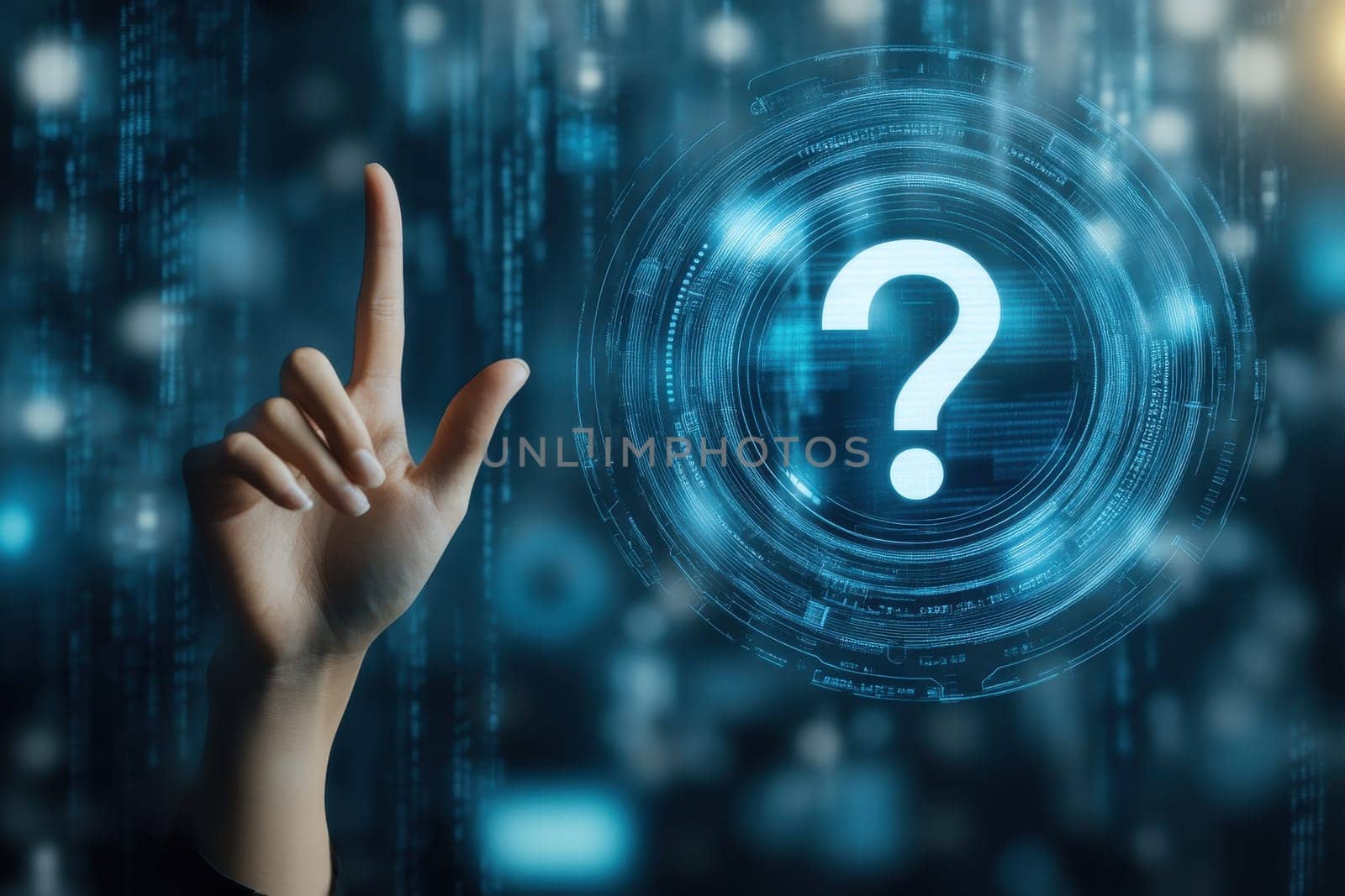 This digital image showcases a hand raised in inquiry, symbolizing secure online questions, emphasizing the importance of cybersecurity and user engagement in digital interactions.