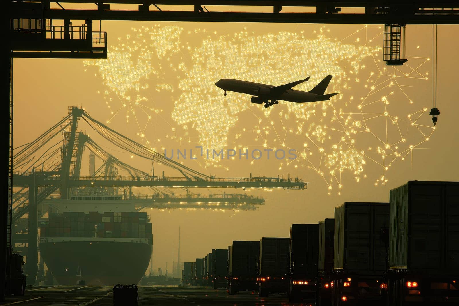 An airplane ascends against a sunset backdrop while a cargo ship is docked. This image captures the essence of global trade and transportation movements.
