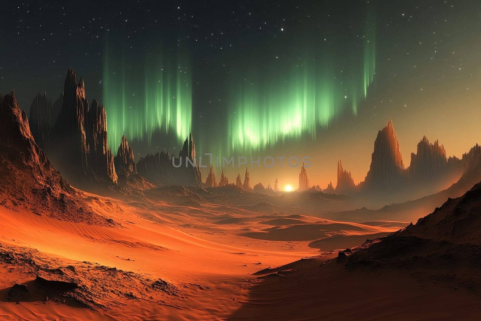 Discover a captivating alien terrain that is both hostile and beautiful, featuring stunning auroras illuminating jagged mountains and serene desert landscapes.