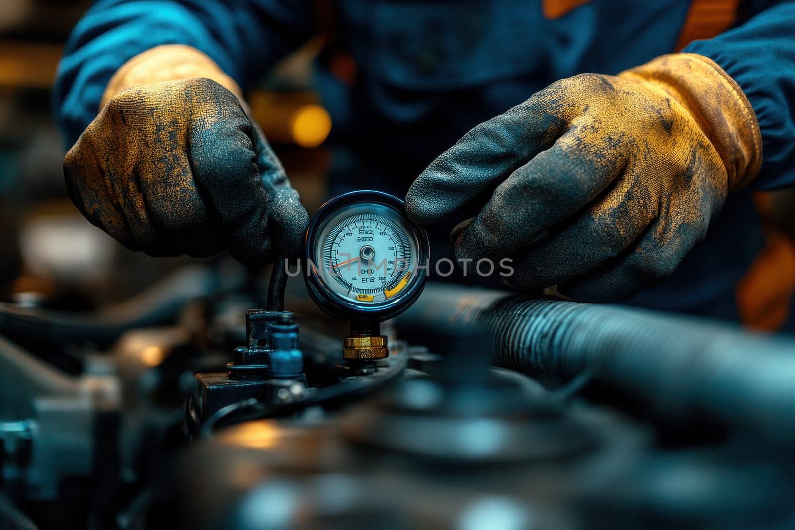 Close-up shot showcases an auto technician's hands in gloves carefully adjusting a pressure gauge, emphasizing precision and focus in a workshop environment.