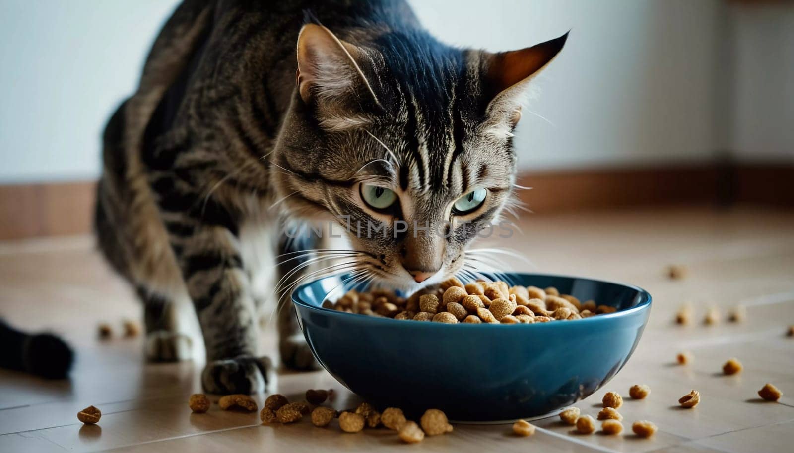 A cat with striking eyes is intently staring at a bowl filled with kibble, preparing to eat its meal in a warm and inviting home atmosphere. Healthy, high-quality nutrition for pets. Generative AI.